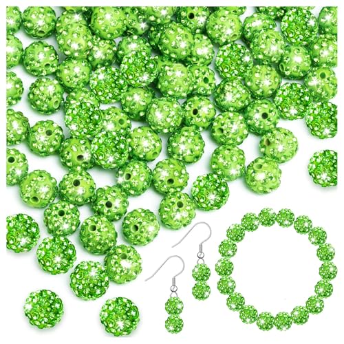 150 Stück Strassperlen zum Basteln, 10 mm glänzende runde Shamballa-Disco-Perlen, grüne glitzernde Kristall-Ton-Perlen für DIY-Halsketten, Schmuckherstellung, Urlaubsdekorationen von ALDMIO