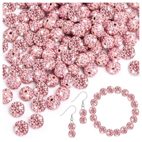 150 Stück Strassperlen zum Basteln, 10 mm glänzende runde Shamballa-Disco-Perlen, rosa glitzernde Kristall-Ton-Perlen für DIY-Halsketten, Schmuckherstellung, Urlaubsdekorationen von ALDMIO