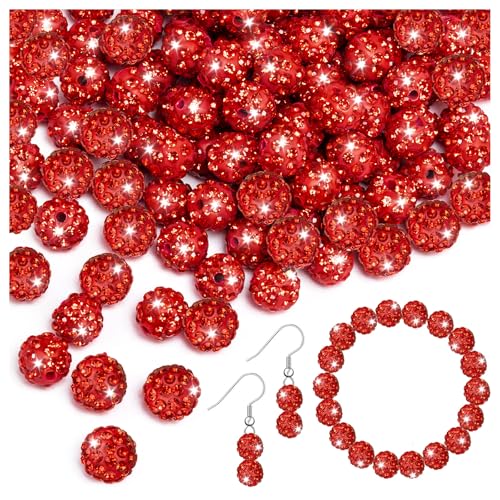 150 Stück Strassperlen zum Basteln, 10 mm glänzende runde Shamballa-Disco-Perlen, rote glitzernde Kristall-Ton-Perlen für DIY-Halsketten, Schmuckherstellung, Urlaubsdekorationen von ALDMIO