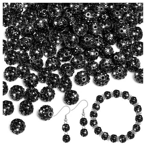 150 Stück Strassperlen zum Basteln, 10 mm glänzende runde Shamballa-Disco-Perlen, schwarze glitzernde Kristall-Ton-Perlen für DIY-Halsketten, Schmuckherstellung, Urlaubsdekorationen von ALDMIO