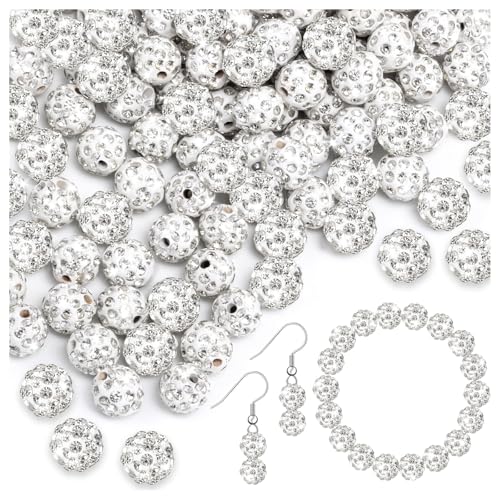 150 Stück Strassperlen zum Basteln, 10 mm glänzende runde Shamballa-Disco-Perlen, weiße glitzernde Kristall-Ton-Perlen für DIY-Halsketten, Schmuckherstellung, Urlaubsdekorationen von ALDMIO