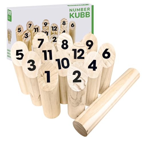 ALEENFOON Kubb Wikingerspiel Zahlen Holz Wikingerschach Kubb Wurfspiel mit 12 Holznummer und 1 Wurfzylinder Holzwurfspiel Indoor Garten Outdoor Mölkky Wikingerspiel für Kinder, Erwachsene von ALEENFOON