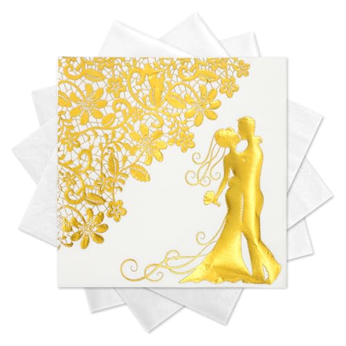 20 Stück Servietten Hochzeit,Hochzeitsservietten 3 Lagig Papierservietten Gästehand Servietten,Servietten Goldene Hochzeit,Hochzeit Servietten Brautpaar gold weiß für die Heirat,Verlobung,Vermählung von ALEGRE