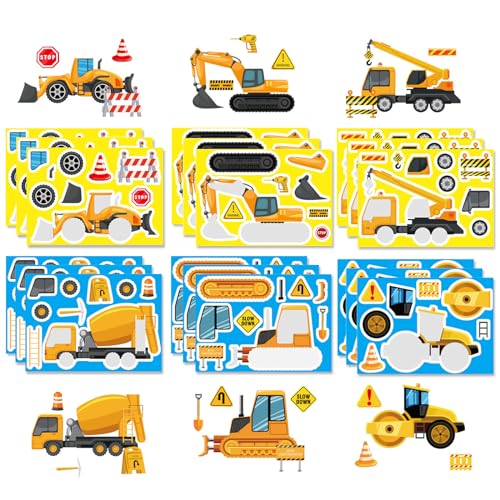 ALEGRE® 18 Blätter Baustelle Aufkleber für Kinder Bagger Sticker Kinder Set, Baustellenfahrzeug Aufkleber für Mädchen Jungen, Fahrzeug Bagger Belohnungssticker für Kindergeburtstag Party Mitgebsel von ALEGRE