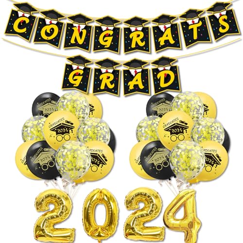 ALEGRE® 2024 Graduation Deko, 26 Stück Abitur Bachelor Deko Luftballons Schwarz Gold, Abschluss Deko Prüfung Bestanden Geschenk, Congratulations Deko mit Bachelor Ballons und Congrats Grad Girlande von ALEGRE