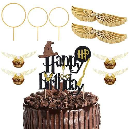 ALEGRE® 54 Stück Glitter Magier Happy Birthday Tortendeko,Wizard Cupcake Topper Deko,Golden Snitch Wings Schokolade Cake Topper Geburtstag,Kindergeburtstag Party Kuchen Deko,Magic Theme Party Supplies von ALEGRE