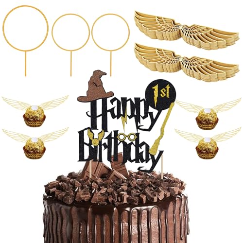 Glitter Magier Tortendeko 1. Geburtstag,54 Stk Wizard Cake Topper 1. Geburtstag,Golden Snitch Wings Schokolade Cake Topper Geburtstag,Kindergeburtstag Party Deko Kuchen Deko,Magic Theme Party Supplies von ALEGRE