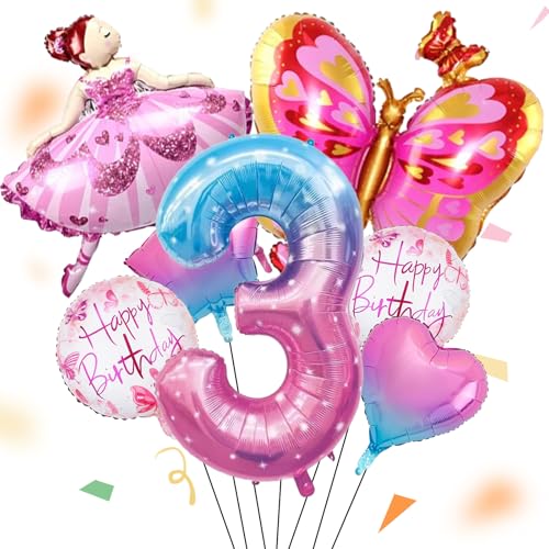 ALEGRE® Ballerina 3 Jahre Geburtstag Deko Mädchen, 7 Stk Ballerina Schmetterlinge Happy Birthday Deko, Zahlen 3 Folienballon, 3. Geburtstag Deko Luftballons für Babyparty, Hochzeit, Taufe Party Deko von ALEGRE