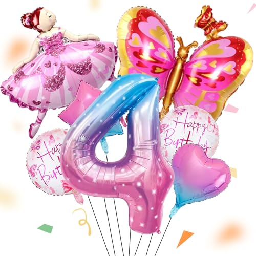 ALEGRE® Ballerina 4 Jahre Geburtstag Deko Mädchen, 7 Stk Ballerina Schmetterlinge Happy Birthday Deko, Zahlen 4 Folienballon, 4. Geburtstag Deko Luftballons für Babyparty, Hochzeit, Taufe Party Deko von ALEGRE