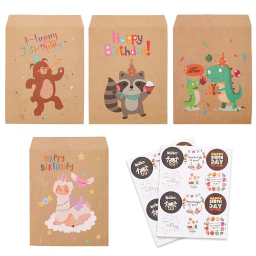 ALEGRE® Geschenktüten Kindergeburtstag, 24 Stück Tierische Geschenke Tüten, Papiertüten Braun Happy Birthday Geschenk Tüte mit 24 Aufkleber, Geburtstagstüten für Kindergeburtstag, Hochzeit, Mitgebsel von ALEGRE