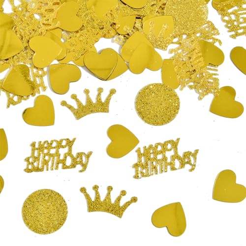 ALEGRE® Happy Birthday Konfetti Geburtstag Gold, Glitzer Tischdeko Geburtstag, Streudeko Geburtstag Frau Mann, Herz Krone Goldene Confetti für Geburtstagsdeko Tisch, Luftschlangen Happy Birthday Deko von ALEGRE