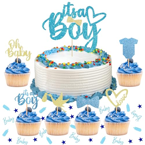 ALEGRE® Its a Boy Tortendeko Babyparty Junge, Baby Shower Deko Boy, Babyparty Deko Junge, Baby Shower Tortendeko Gender Reveal Party Deko, Muffin Deko Blau für Taufe Deko, Baby Shower, Babyparty von ALEGRE