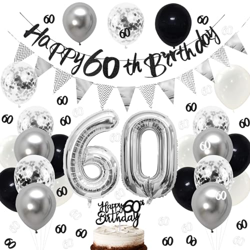 Luftballons 60 Geburtstag Deko Schwarz, Deko 60 Geburtstag Mann Banner,Kuchen Deko 60 Geburtstag Frau Deko Girlande, 60. Geburtstag Deko,Deko 60 Geburtstag Luftballon,60 Geburtstag Mann Deko Konfetti von ALEGRE