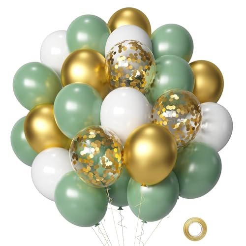 ALEGRE® Luftballons Grün Gold Weiß,30 Stk Retro Salbei Weiße Gold Grüne Luftballons Set,Metallic Latex Helium Ballons Grün,Konfetti Ballon für Geburtstag Hochzeit Baby Shower Jubiläum Party Dekoration von ALEGRE