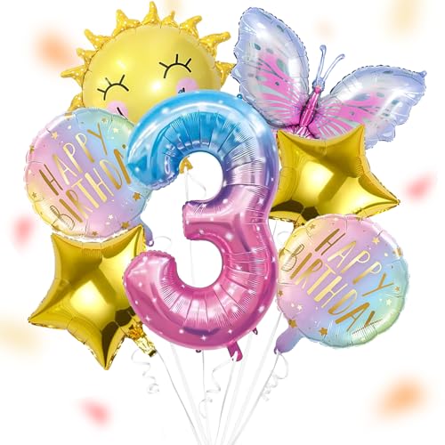 ALEGRE® Sonne Schmetterlinge Deko 3 Geburtstag Mädchen, Folienballon Schmetterling Deko Luftballon 3. Geburtstag, Geburtstagsdeko Mädchen 3 Jahre, Kindergeburtstag Deko für Schmetterling Themen Party von ALEGRE