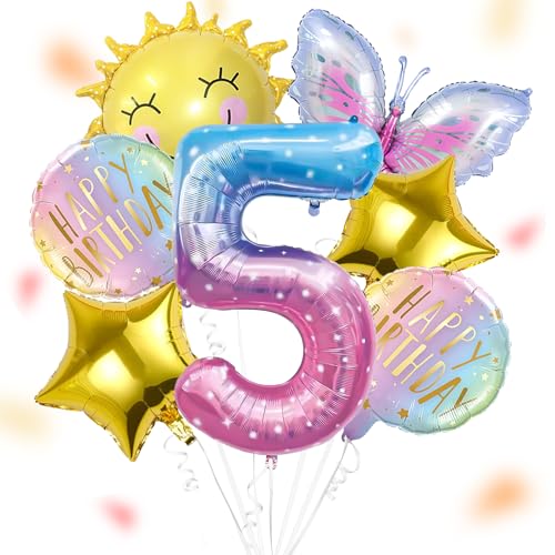 ALEGRE® Sonne Schmetterlinge Deko 5 Geburtstag Mädchen, Folienballon Schmetterling Deko Luftballon 5. Geburtstag, Geburtstagsdeko Mädchen 5 Jahre, Kindergeburtstag Deko für Schmetterling Themen Party von ALEGRE