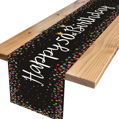 ALEGRE® Tischläufer 50 Geburtstag Schwarz, Happy 50th Birthday Tischband, Deko 50 Geburtstag Mann Frau, Happy Birthday Tischdecke Geburtstag 50, Tisch Deko für Jahrestag 50. Geburtstag Deko (33×183cm) von ALEGRE