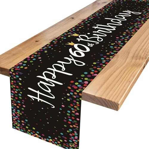 ALEGRE® Tischläufer 60 Geburtstag Schwarz, Happy 60th Birthday Tischband, Deko 60 Geburtstag Mann Frau, Happy Birthday Tischdecke Geburtstag 60, Tisch Deko für Jahrestag 60. Geburtstag Deko (33×183cm) von ALEGRE