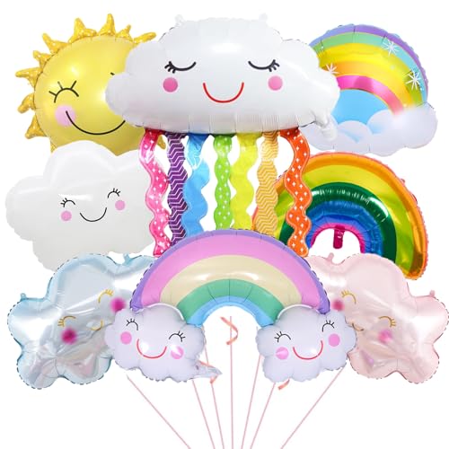 ALEGRE® Wolkenförmige Sonne Folienballon,8 Stk XXL Wolken Sonne Regenbogen Luftballons Geburtstag Set,Kindergeburtstag Deko Jungen Mädchen,Wolken Regenbogen Ballon für Geburtstag, BabyShower, Jubiläum von ALEGRE