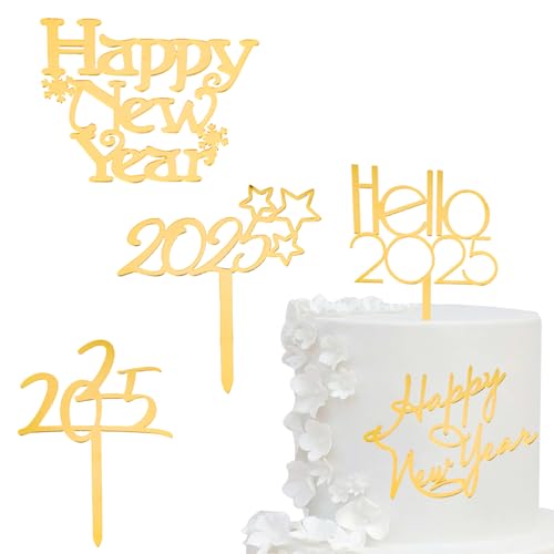 ALEGRE 2025 Tortendeko Happy New Year Kuchendeko,Silvester Deko 2025 Cake Topper Neujahr Tortenaufsatz Acryl,Hello 2025 Gold Kuchen Deko,Happy New Year Deko Torten für Silvester Party von ALEGRE