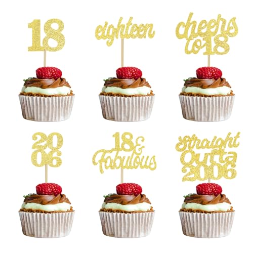 ALEGRE Tortendeko 18 Geburtstag Junge Mädchen,24 Stück Glitzer Cupcake Topper 18 Geburtstag Deko,Cheers to 18 Cake Topper 18 Geburtstag,Kuchen Deko 18 Geburtstag,Gold Muffin Deko 18 von 2006 von ALEGRE