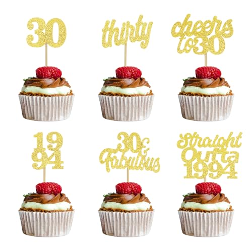 ALEGRE Glitzer 30. Geburtstag Cupcake Topper,24 Stück Tortendeko 30 Geburtstag Mann Frau,Cake Topper 30 Geburtstag Deko Straight Outta 1994,Gold Kuchendeko Geburtstag 30,Muffin Deko 30 Geburtstag von ALEGRE