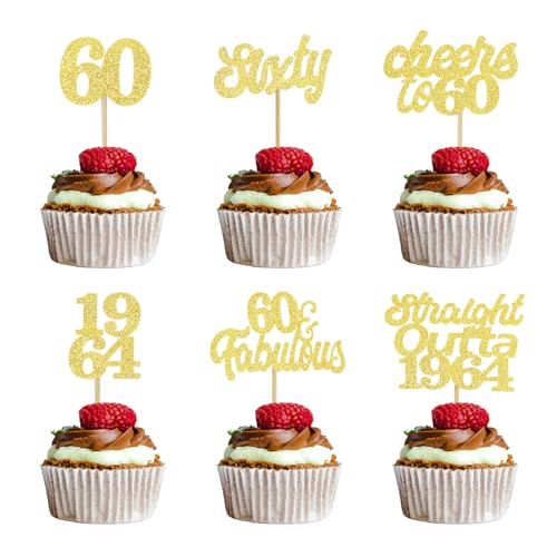 ALEGRE Cupcake Topper 60. Geburtstag Deko,Glitzer Tortendeko 60 Geburtstag Frau Mann,24 Stück Straight Outta 1964 Cake Topper 60 Geburtstag,Gold Kuchendeko 60 Geburtstag,60 Geburtstag Muffin Deko von ALEGRE