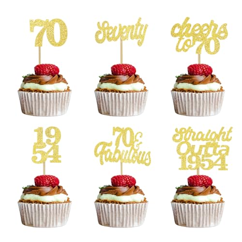 ALEGRE 24 Stück Cupcake Toppers 70. Geburtstag,Gold Tortendeko 70 Geburtstag,Straight Outta 1954 Cupcake Deko,70 Geburtstag Kuchen Deko,Glitzer Deko 70 Geburtstag Mann Frau von ALEGRE