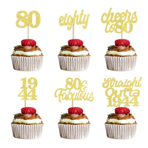 ALEGRE Tortendeko 80 Geburtstag Männer Frauen,24 Stück Cupcake Topper 80. Geburtstag,Straight Outta 1944 Torten Deko Gold,Glitzer 80 Geburtstag Deko, 80. Geburtstag Muffin Deko Party Deko Zubehör von ALEGRE