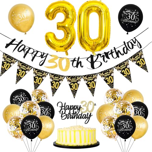 ALEGRE® 30 Geburtstag Deko Mann Frau,Luftballon 30 Geburtstag Schwarz Gold,Deko 30 Geburtstag Set mit Happy Birthday Banner Wimpelkette,Folienballon Zahl 30 und Cake Topper,30. Geburtstag Deko Frauen von ALEGRE