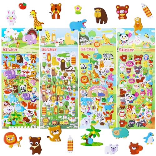 ALEGRE 3D Tier Sticker Kinder,4 Blätter Puffy Aufkleber Kinder Sticker Set,3D Sticker Tiere Aufkleber Junge Mädchen,Kinder Stickers für Belohnungssticker Party Kindergeburtstag Gastgeschenke Mitgebsel von ALEGRE