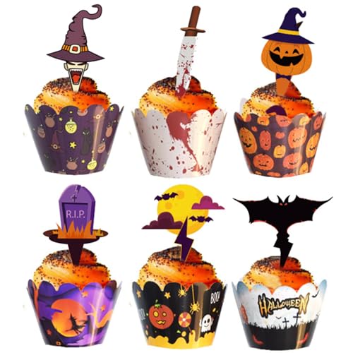 ALEGRE 48 Stück Halloween Cupcake Wrappers,Halloween Cupcake Toppers Papier,Kuchen Deko Halloween,Fledermaus Muffins Deko,Halloween Muffinförmchen,Grabstein Deko Verpackung für Halloween Party Deko von ALEGRE