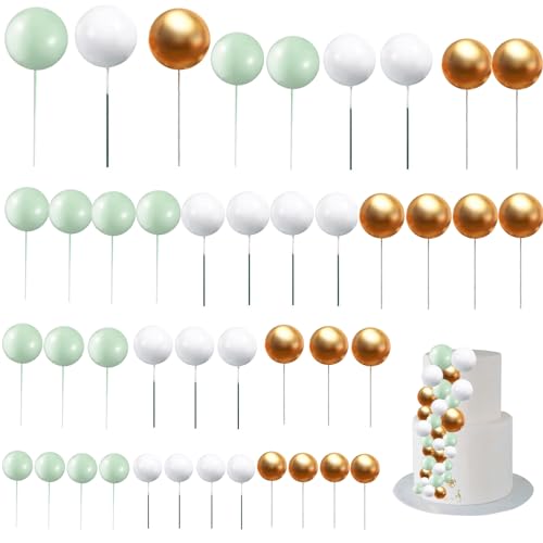 ALEGRE 50 Stück Tortendeko Kugeln Cake Topper Geburtstag,Schaumkugeln Kuchen Deko Happy Birthday Tortendeko,Grün Weiß Gold Kuchendeko Kugeln Deko für Torten Geburtstag Hochzeit Jubiläum Babyparty von ALEGRE