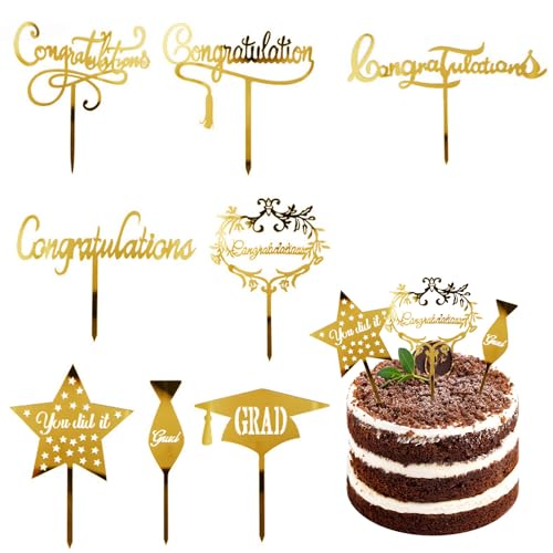 ALEGRE Abschluss Tortendeko Gold Graduation Cake Topper,8 Stück Grade Cap Kuchendeko Acryl,Graduation Congratulation Kuchen Deko,You Did It Tortenaufleger für Abschlussfeier,2024 Graduation Party von ALEGRE