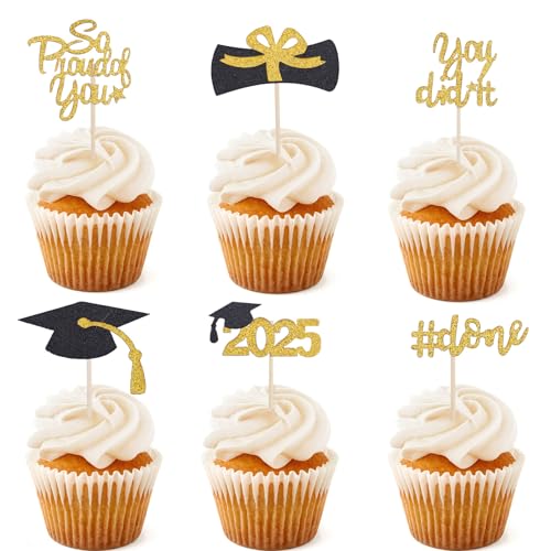 ALEGRE Abschluss Tortendeko Schwarz Gold,24 Stück Graduation Cupcake Toppers So Proud of You Kuchendeko,You Did It Tortenaufsatz,Kuchen Deko für Abschluss Deko,Abitur 2025 Deko,Prüfung Bestanden von ALEGRE