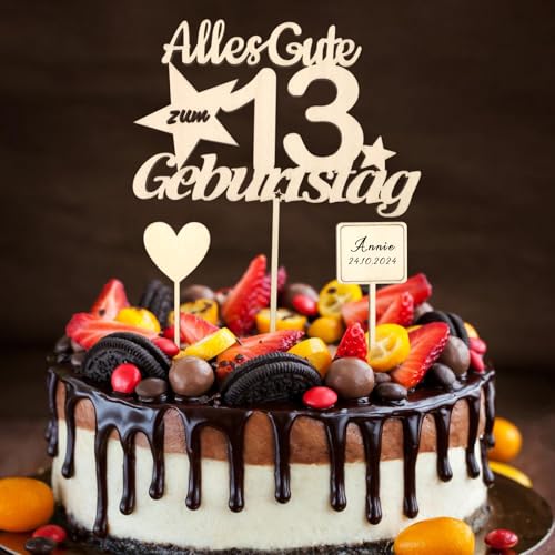 Holz Tortendeko 13 Geburtstag Mädchen Jungen, Kuchen Deko 13. Geburtstag Mädchen Teenager, Muffin Deko 13. Geburtstag Junge,Alles Gute zum 13 Geburtstag Kuchendeko Cake Topper,Geburtstagsdeko 13 Jahre von ALEGRE