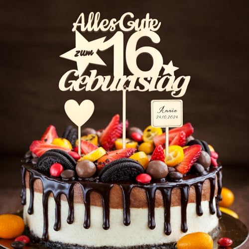 ALEGRE Holz Tortendeko 16 Geburtstag Mädchen Junge, 3 Stk Sweet 16 Kuchen Deko,Muffin Deko 16 Geburtstag Junge Mädchen,Deko Torte 16. Geburtstag 4mm,Alles Gute zum 16 Geburtstag Kuchendeko Cake Topper von ALEGRE