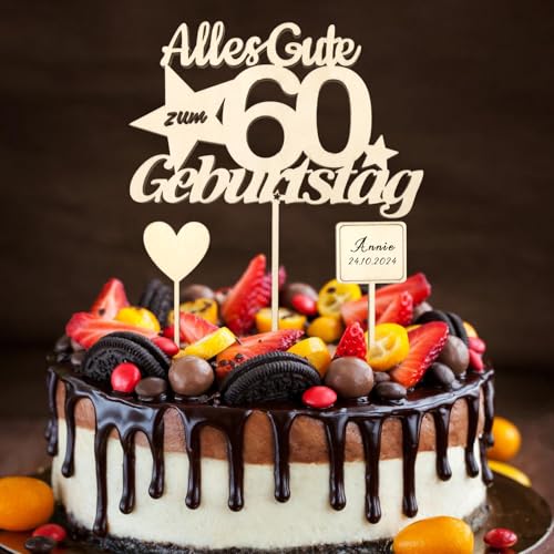 ALEGRE Holz Tortendeko 60 Geburtstag Frau Mann, Alles Gute zum 60 Geburtstag Deko, Torte Deko 60 Geburtstag Mann Frau, 60.ter Geburtstag Kuchendeko Cake Topper, Deko zum 60 Geburtstag Cupcake Topper von ALEGRE