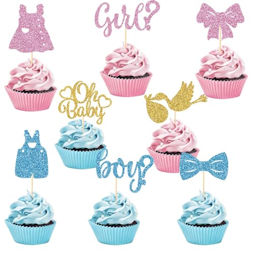 ALEGRE Boy or Girl Tortendeko Babyparty,16 Stück Glitzer Gender Reveal Party Deko,Oh Baby Cake Topper Babyparty,Girl or Boy Cupcake Topper,Baby Shower Kuchendeko,Deko für Jungen Mädchen Blau Rosa Gold von ALEGRE