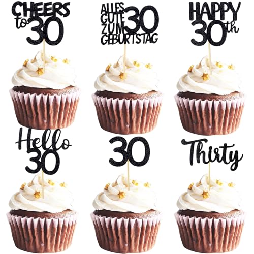 ALEGRE Cupcake Deko 30 Geburtstag Männer Frauen,24 Stück Schwarz Tortendeko 30 Geburtstag,Muffin Deko 30 Geburtstag,Cheers to 30 Kuchendeko Thirty,Glitzer Hello 30 Cupcake Topper 30 Geburtstag Deko von ALEGRE