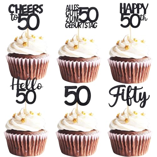 ALEGRE Cupcake Topper 50 Geburtstag Deko,24 Stück Schwarz Tortendeko 50 Geburtstag Mann Frau,Glitzer Muffin Deko 50 Geburtstag,Cheers to 50 Kuchen Deko 1975 Geburtstag,Fifty Cupcake Deko 50 Geburtstag von ALEGRE