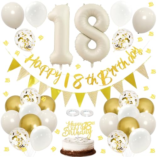 ALEGRE Deko 18. Geburtstag Mädchen Junge,18 Geburtstag Deko Banner Kuchendeko Set, Luftballons 18. Geburtstag Deko Weiß Gold,Deko 18 Geburtstag Junge Mädchen Girlande,Konfetti Tischdeko 18. Geburtstag von ALEGRE