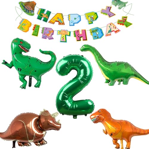 ALEGRE Dino Geburtstagsdeko 2 Jahre Junge, Dino Luftballon 2. Geburtstag Junge Set mit Folienballon 2 und Dino Party Happy Birthday Banner, Helium Ballon für Dino Deko Kindergeburtstag, Dschungel Deko von ALEGRE