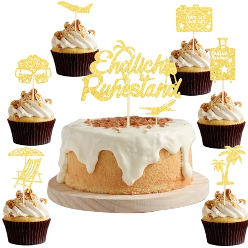 ALEGRE Tortendeko Ruhestand Cake Topper,8 Stück Endlich Ruhestand Kuchen Deko Gold,Glitzer Rente Deko Torten,Ruhestand Cupcake Topper,Papier Ruhestand Deko Kuchen Rentnerin 2025 für Frauen Männer von ALEGRE