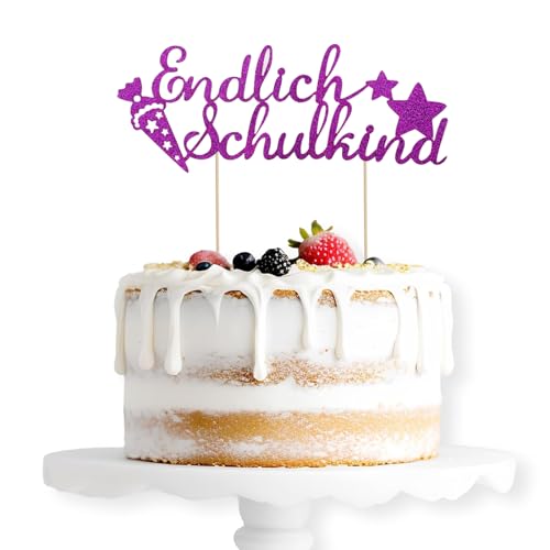 ALEGRE Endlich Schulkind Cake Topper Lila, Glitzer Schulanfang Tortendeko Einschulung Torten Deko, Schulkind 2024 Kuchen Deko, Zuckertüte Kuchendeko für Junge Mädchen Schuleinführung Party Dekoration von ALEGRE