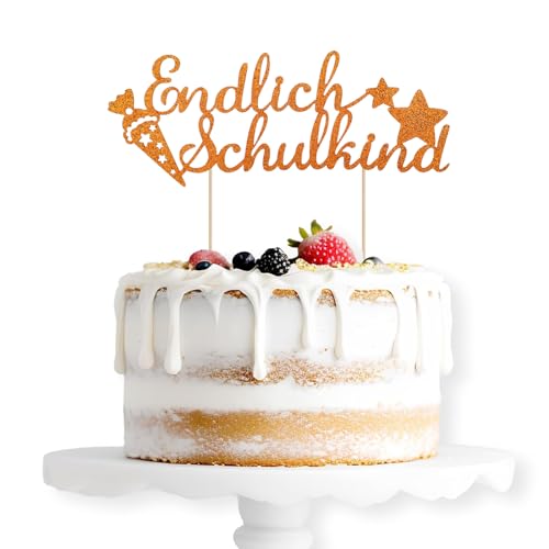 ALEGRE Endlich Schulkind Cake Topper Orange,Glitzer Schulanfang Tortendeko Einschulung Torten Deko,Schulkind 2024 Kuchen Deko,Zuckertüte Kuchendeko für Junge Mädchen Schuleinführung Party Dekoration von ALEGRE