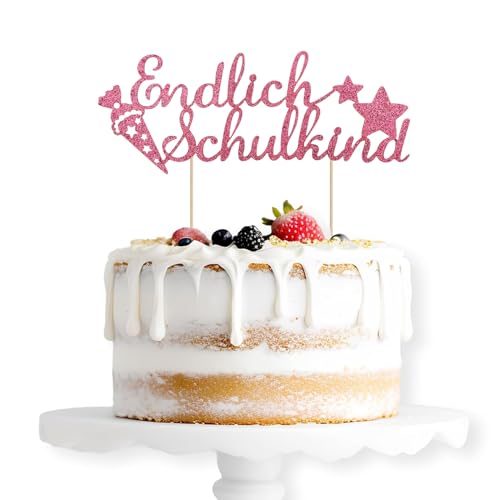 ALEGRE Endlich Schulkind Cake Topper Rosa, Glitzer Schulanfang Tortendeko Einschulung Torten Deko, Schulkind 2024 Kuchen Deko, Zuckertüte Kuchendeko für Junge Mädchen Schuleinführung Party Dekoration von ALEGRE