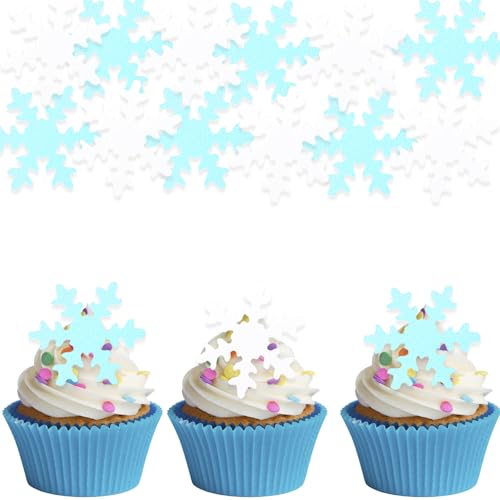 ALEGRE Essbare Schneeflocke Tortendeko Frozen,50 Stück Schneeflocke Kuchen Deko Essbar,Blau Weiß Schneeflocken Muffin Deko Essbar,Schneeflocke Deko Torte Essbar,Essbare Weihnachten Cupcake Topper von ALEGRE