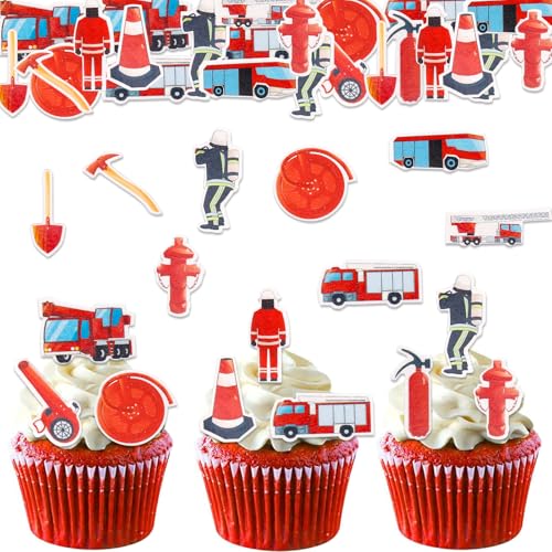 ALEGRE 80 Stück Essbare Feuerwehr Tortendeko,Feuerwehr Kuchen Deko Essbar,Feuerwehrmann Geburtstag Deko Torten,Feuerwehr Cupcake Toppers,Esspapier Tortendeko,Feuerwehrauto Muffin Deko Essbar von ALEGRE