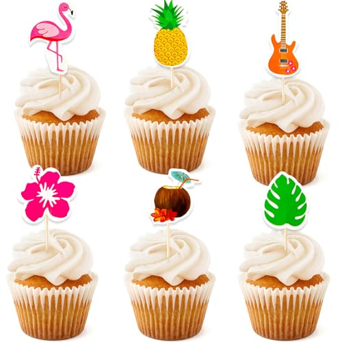 ALEGRE Hawaii Cupcake Topper,24 Stück Flamingo Tortendeko,Tropical Aloha Deko Torten,Flamingo Kuchendeko Geburtstag,Ananas Muffin Deko,Tropical Hawaii Deko Kuchen für Sommer Party Dekoration Zubehör von ALEGRE